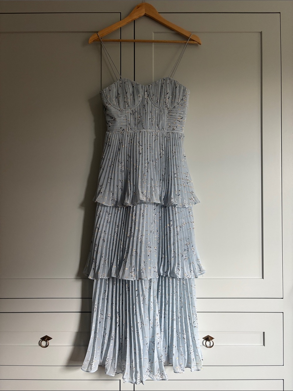 Self-Portrait Light Blue Tiered Pleated Maxi Dress